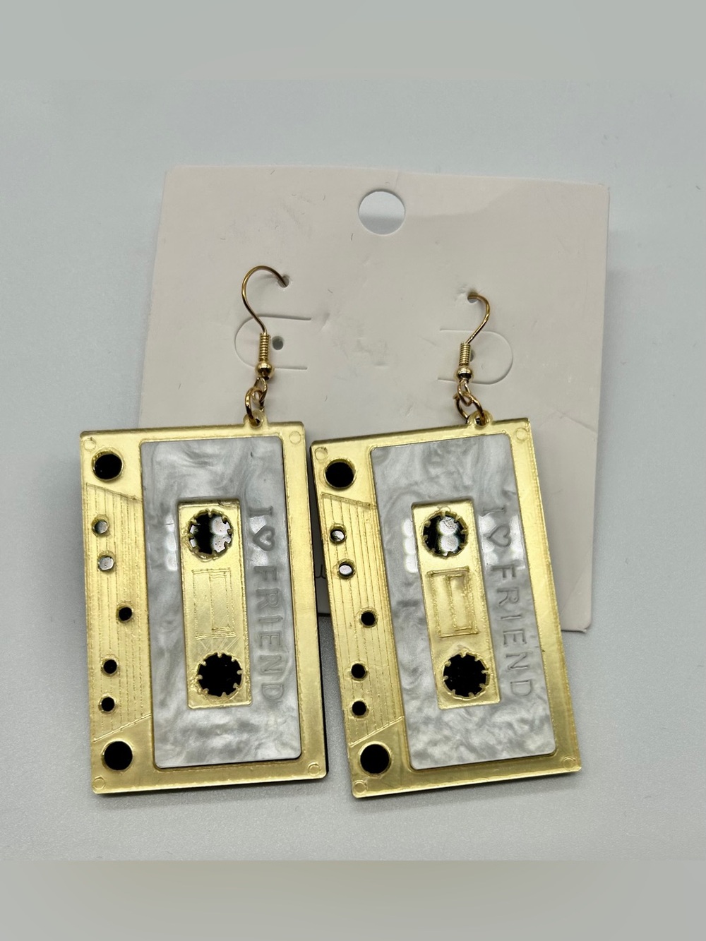 NEW Gold & Pearl Cassette Tape Dangle Earrings - Friend Design